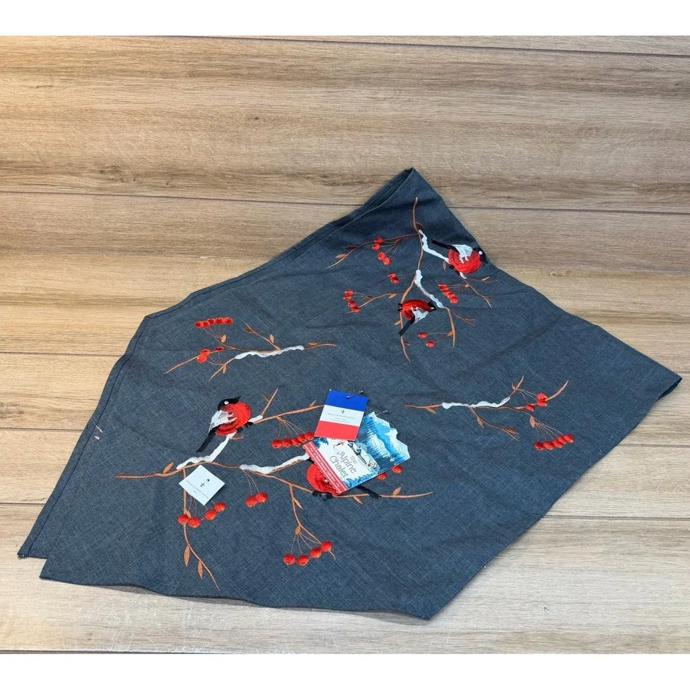 Rolande du Dreuilh Alpine Chalet Embroidered Table Runner Red Snow Birds Berries